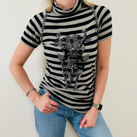Liu Jo striped black gray short sleeve beaded embellished turtleneck T-shirt Tee - Picture 1 of 6